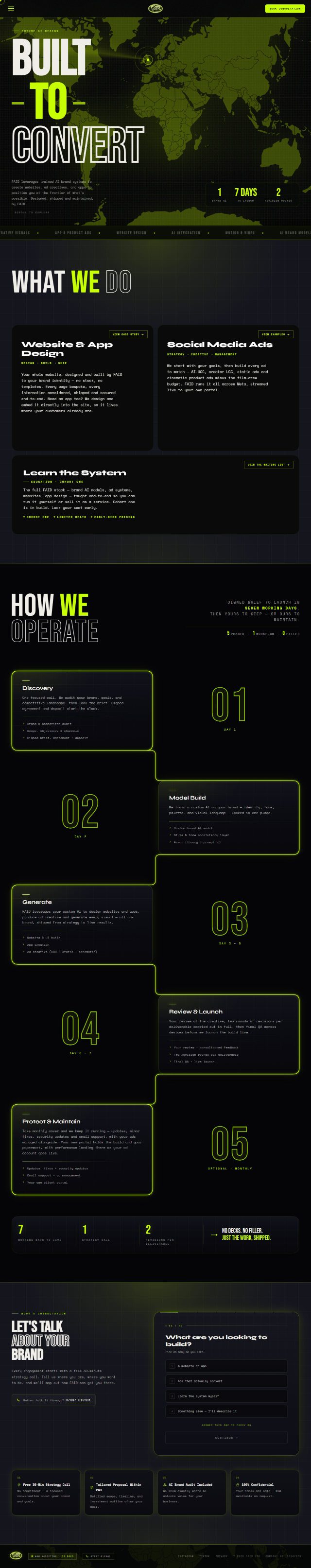 The FAID Agency site in full, from the Built to Convert hero through What We Do and the How We Operate timeline to the booking form and footer