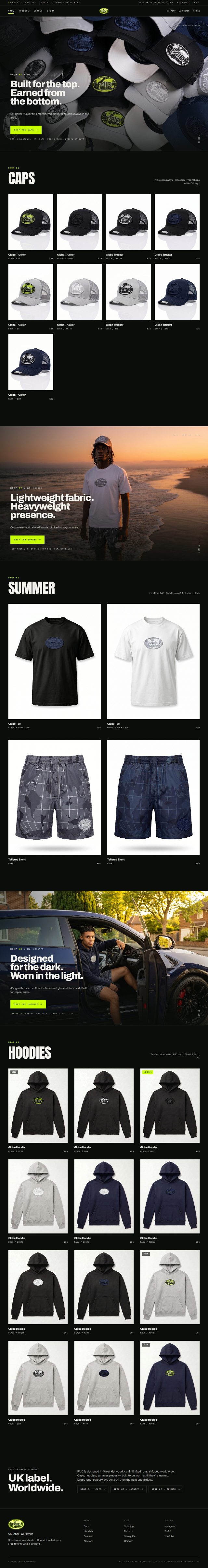 The FAID Clothing site in full, from the hero down through the caps, summer and hoodies ranges to the footer
