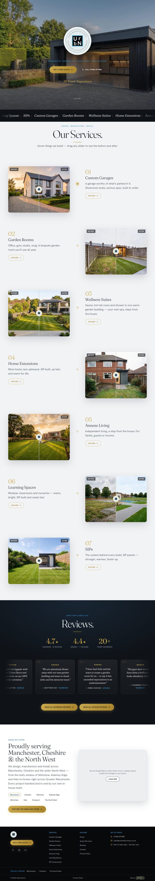 The Urban Decor site in full, from the hero through seven before-and-after service sliders and customer reviews to the areas covered and enquiry details